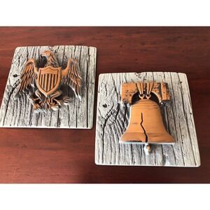 Vtg Chalkware Wall Art Americana Aqua Liberty Bell Eagle‎ Set Nursery Man Cave